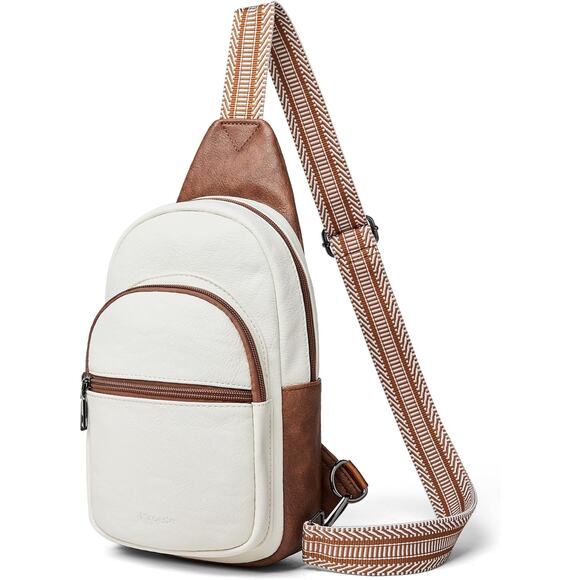 Vegan Leather Sling Crossbody Bag – White & Brown w/ Wide Strap (5-1b) - Picture 6 of 6